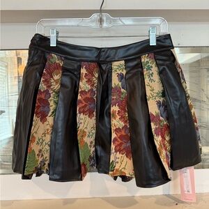 Cider Faux Leather Black and Floral Pleated Skirt